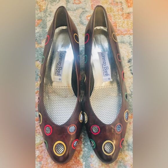 LORENZO BANFI Vintage Brown Leather Flats Circular Colorful Cutouts 36.5 Sz 6 - Picture 2 of 6